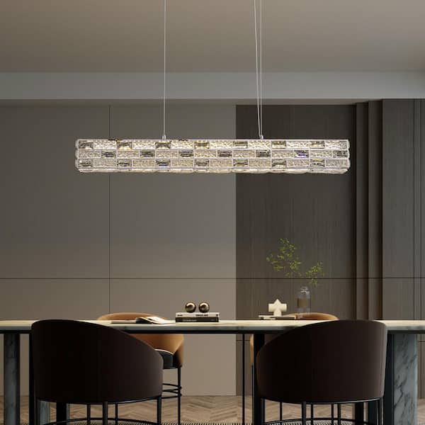 RICHARDERY 35.4 in. Modern 1-Light Integrated LED Chrome Crystal Chandelier Rectangular Light Fixture Color Changing for Dinning