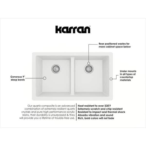 Karran QU-810 PK1 32 inch Undermount Double Bowl 50/50 Quartz Kitchen Sink Kit in White