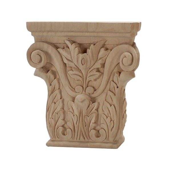 American Pro Decor 8-1/8 in. x 8-1/8 in. x 1-5/8 in. Unfinished Hand Carved North American Alder Acanthus Wood Onlay Capital Wood Applique