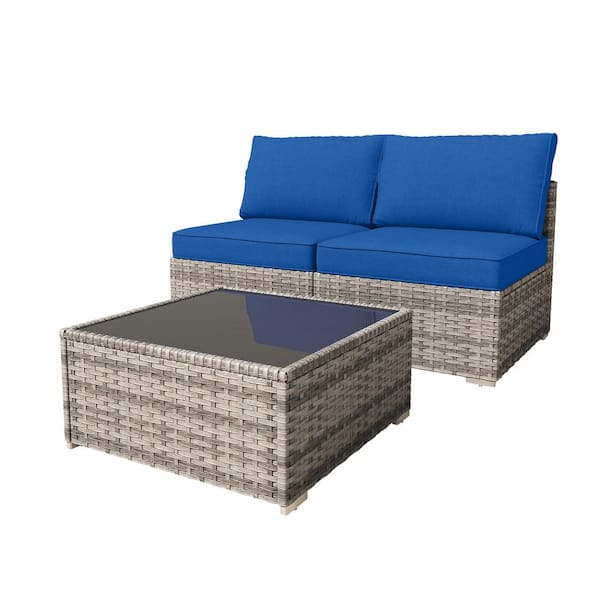 Charm 3 Pieces Wicker Patio Conversation Seating Sofa Set with Navy Blue Cushions and Coffee Table