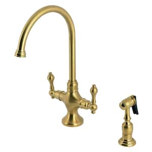 Vintage Deck Mount Double Handle Single-Hole Standard Kitchen Faucet with Sprayer in Brushed Brass