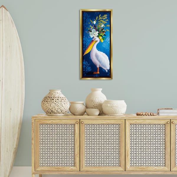 Floral Pelican over Damask by Heather Gauthier Gold Floater Frame Animal Graphic Art Print 31 in. x 15 in.