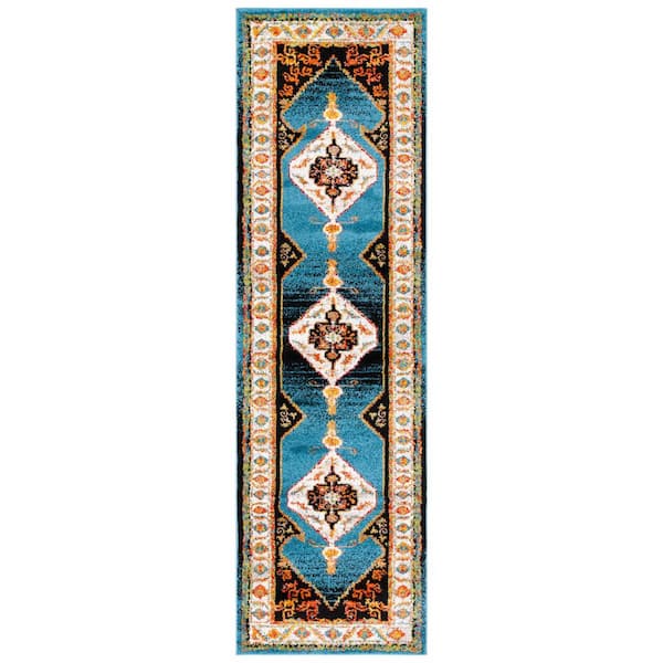 Vintage Hamadan 2 ft. x 8 ft. Blue/Ivory Abstract Medallion Runner Rug