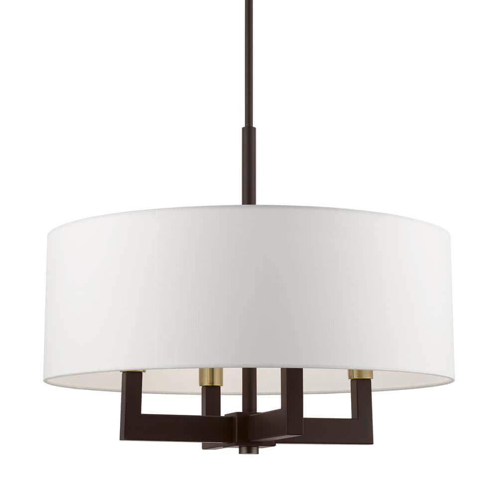 Bronze and Antique Brass 4-Light Chandelier with Off-White Shade
