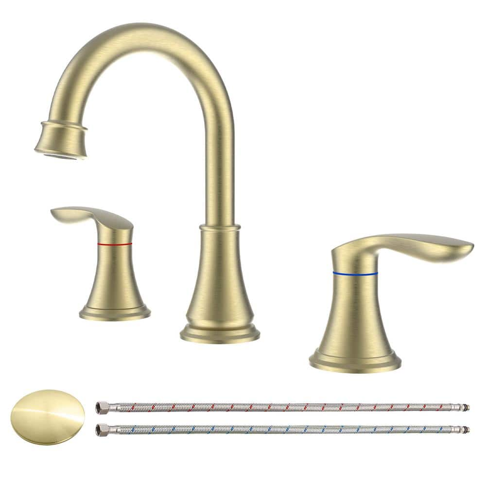 8 in. Widespread Double Handle Bathroom Faucet Combo Kit with Pop Up Drain and Water Supply Hoses in Brushed Gold -  Nestfair