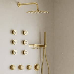 Thermostatic 7-Spray 12 in. Wall Mount Round Shower System with Shelf and Hooks in Brushed Gold (Valve Included)