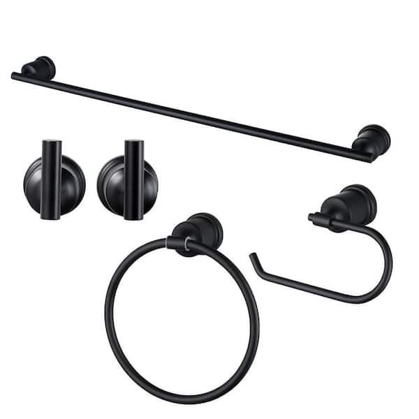 AVITAS 5-Piece Bath Hardware Set with 24 in. Towel Bar, Toilet Paper Holder, Towel Ring, Towel Hooks in Matte Black
