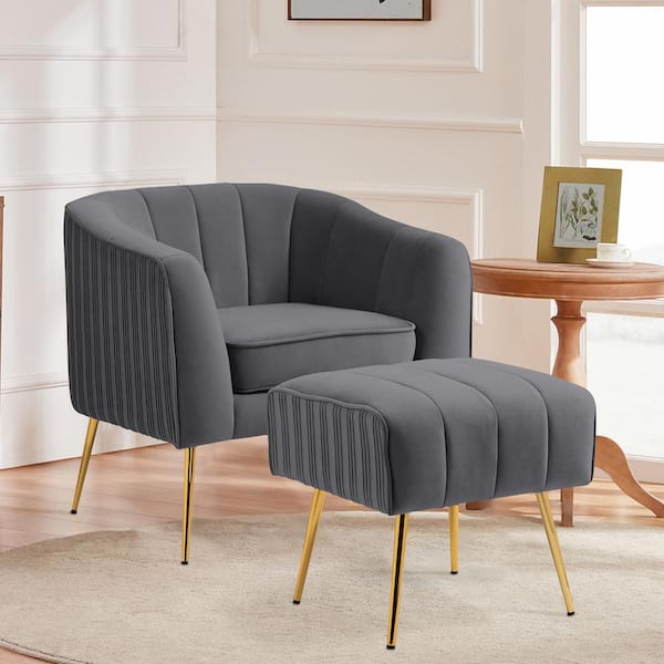 Uixe Modern Gray Metal Legs Velvet Pleated Design Upholstered Accent Armchair with Ottoman Set Set of 1 CH0007 GY 1