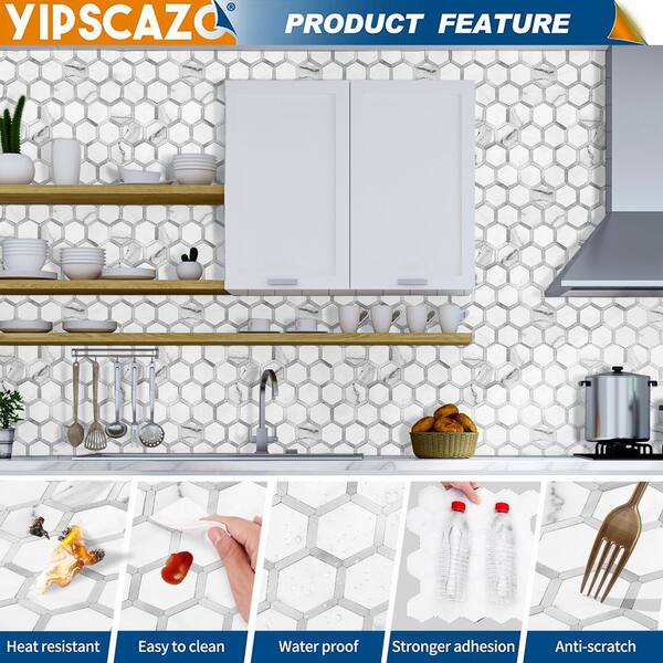 Yipscazo 13-Sheets Hexagon Wood Gray PVC Peel and Stick Backsplash Tiles for Kitchen (11.02 in. x 9.84 in. /10 Sq. ft.)