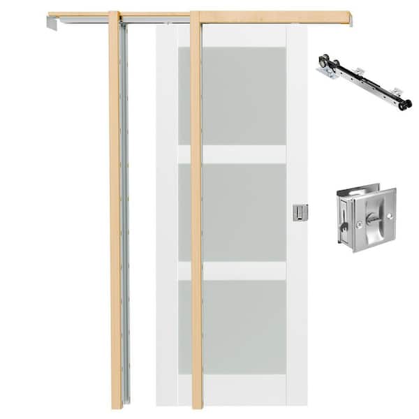 30 in. x 80 in. 3-Lite Frosted Glass White Primed Pine Wood Pocket Door with Lock, Soft Close & Frame Kit, Pantry door