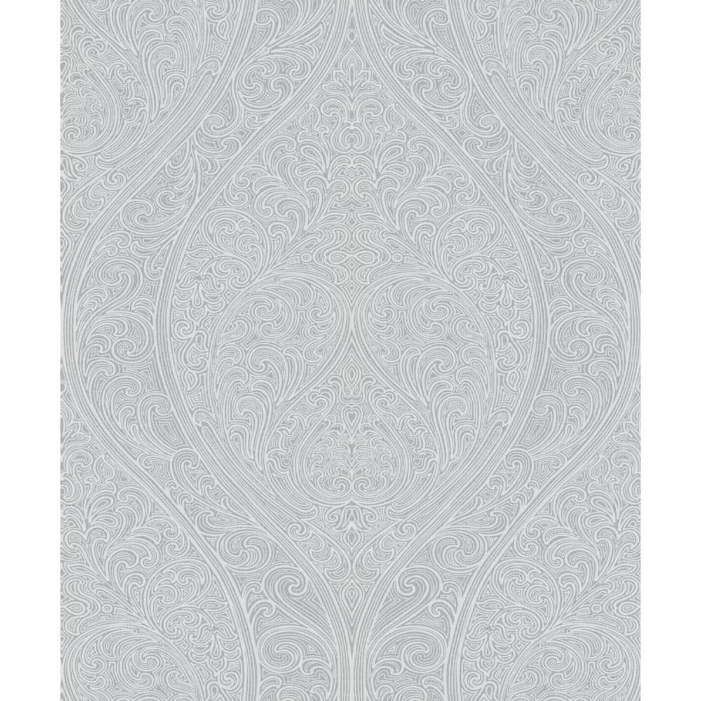 Metallic Grey/White Large Ogee Damask Design Vinyl on Non-Woven Non-Pasted 