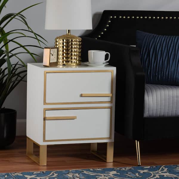 Baxton Studio Giolla 2-Drawer White and Gold Nightstand 22 in. H x 17.7 in. W x 11.8 in. D