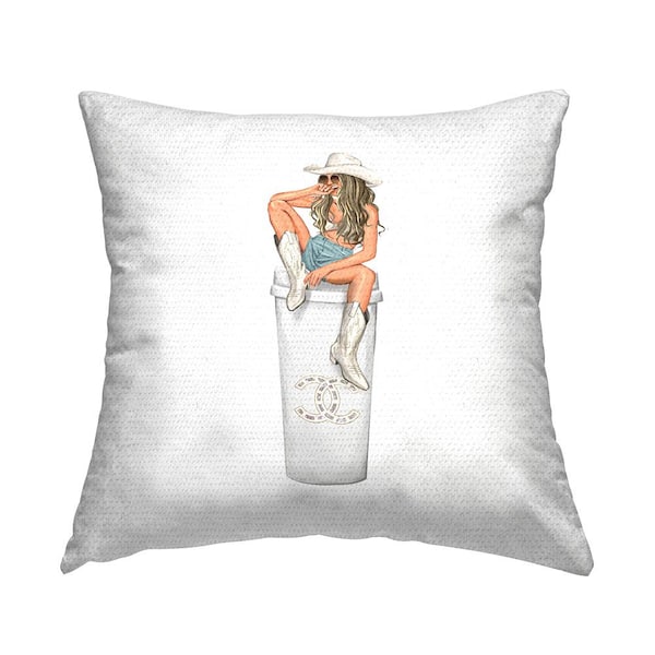 Stupell Industries Glam Cowgirl Coffee Cup Fashion Off-White Square Outdoor Throw Pillow