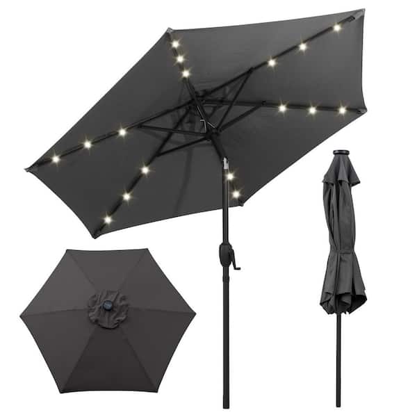 7.5 ft. Steel Market Solar Patio Umbrella with 18 LED Lights and Crank Handle in Gray