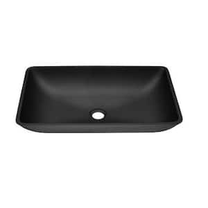 Matte Shell Glass Rectangular Vessel Bathroom Sink in Black with Faucet and Pop-Up Drain in Matte Black