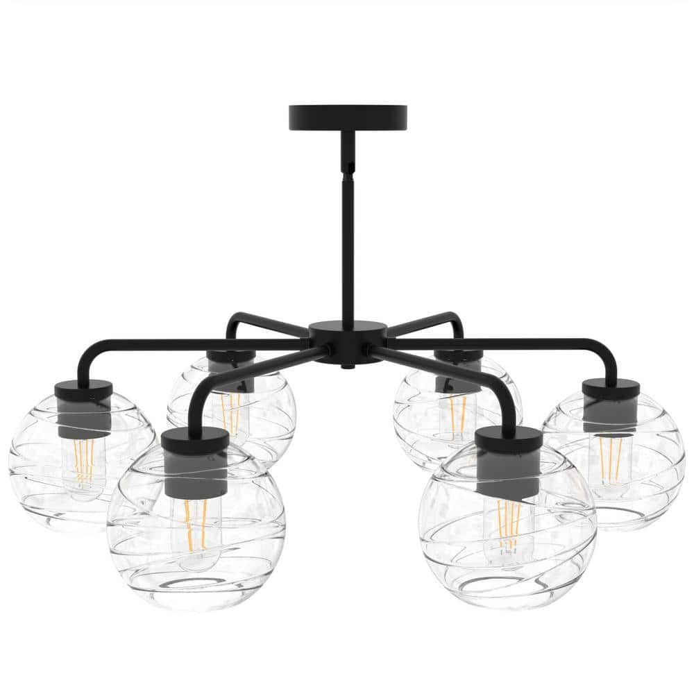 28 in. 6-Light Black Modern Semi-Flush Mount Pendant Lighting, Adjustable Height with Glass Shades for Dining Room price history on PriceWatchPro