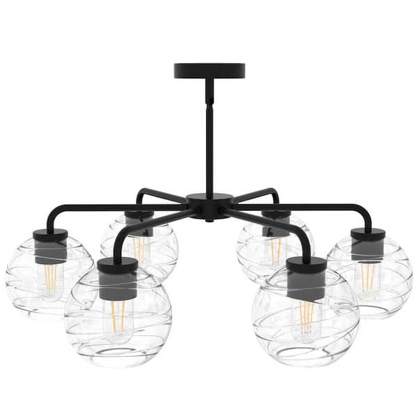 28 in. 6-Light Black Modern Semi-Flush Mount Pendant Lighting, Adjustable Height with Glass Shades for Dining Room