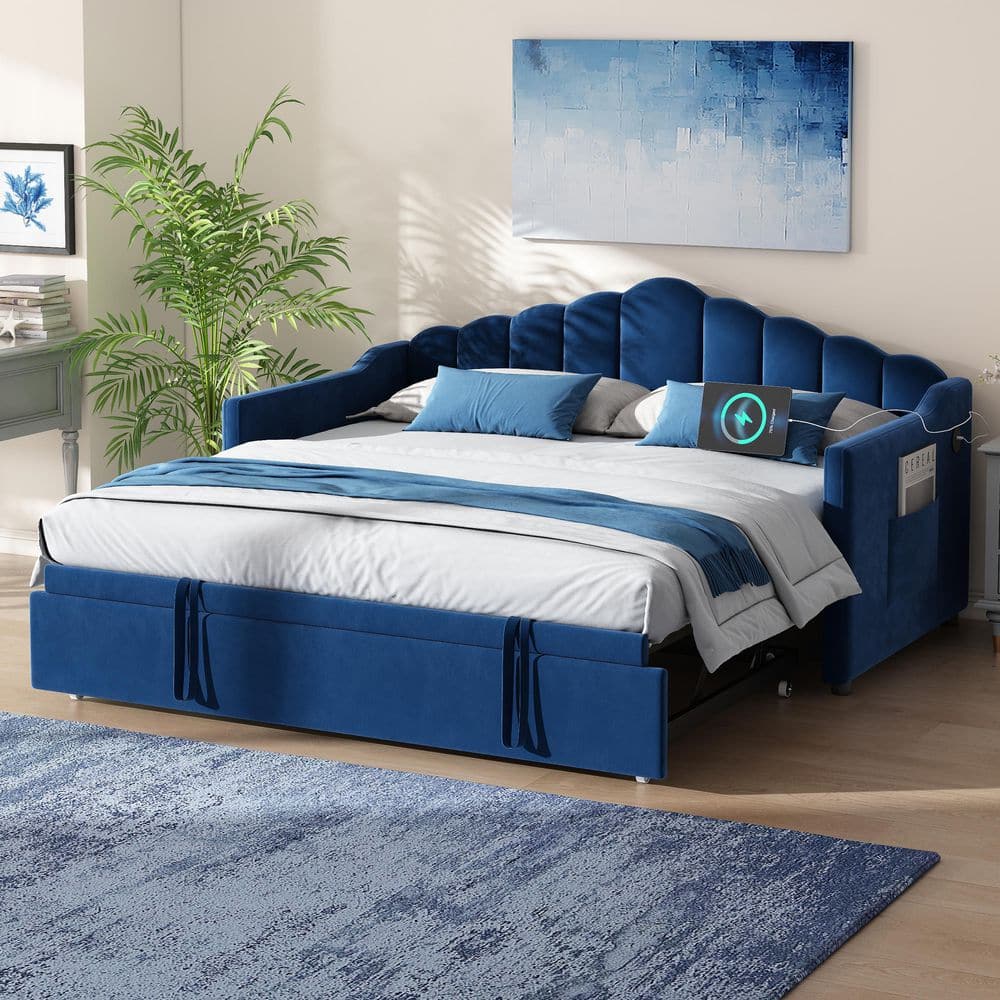 Blue Twin Upholstered Daybed with Adjustable Height Pop Up Trundle