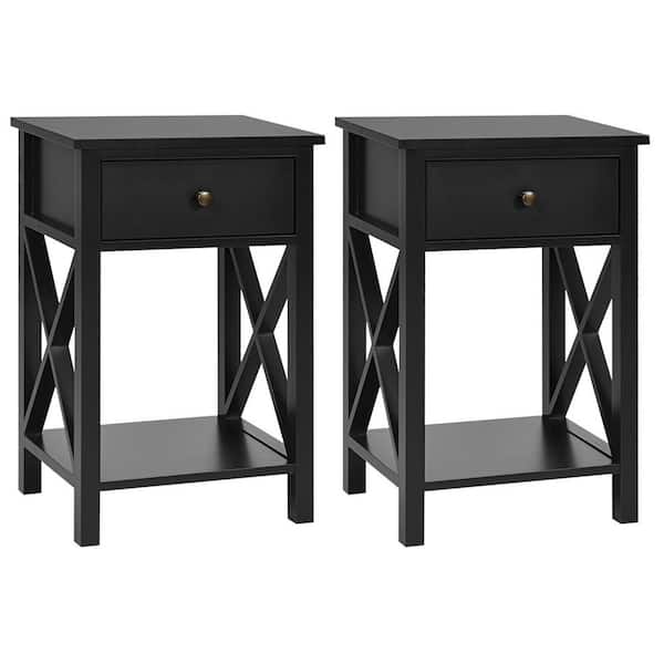 Gymax Black Shelf Drawer Nightstand Sofa Side End Table X-Design 24 in. H x 16 in. W x 12 in. D (Set of 2)
