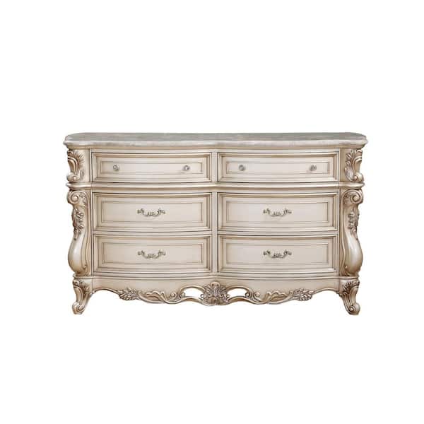 Acme Furniture Gorsedd 6-Drawers Marble and Antique White Dresser