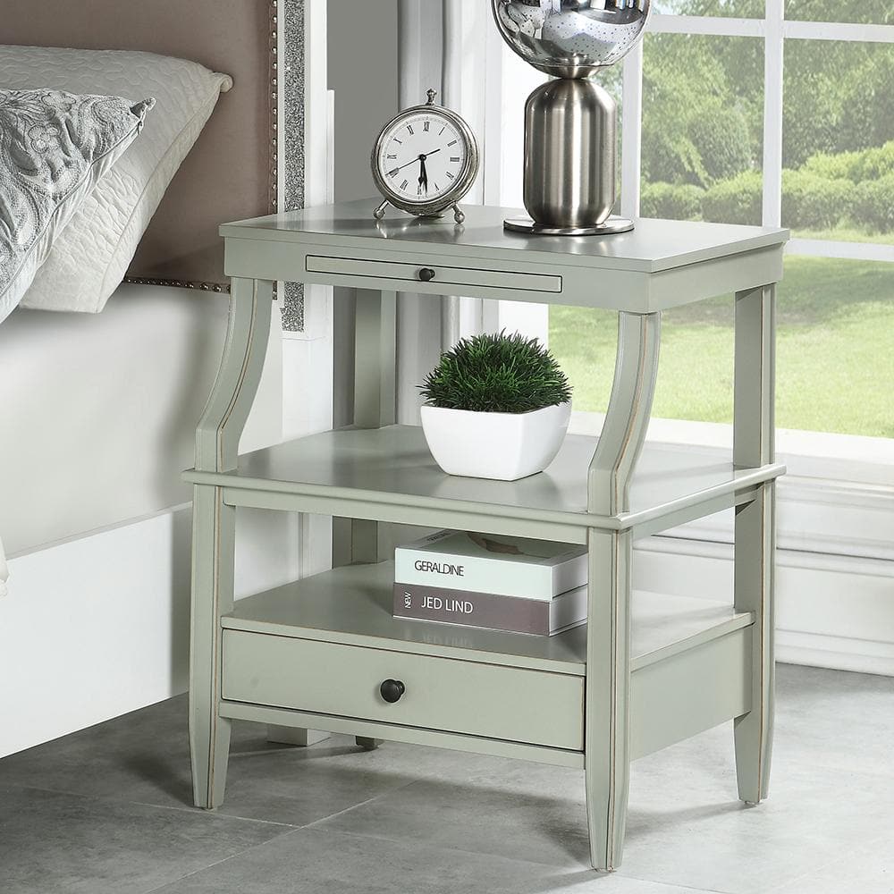 Newton Antique Gray Wood Nightstand with Storage Drawer and Pull-Out Tray
