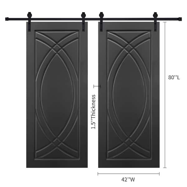 Double Modern Art Panel 42 in. x 80 in. MDF Black Barn Sliding Door With Hardware kit