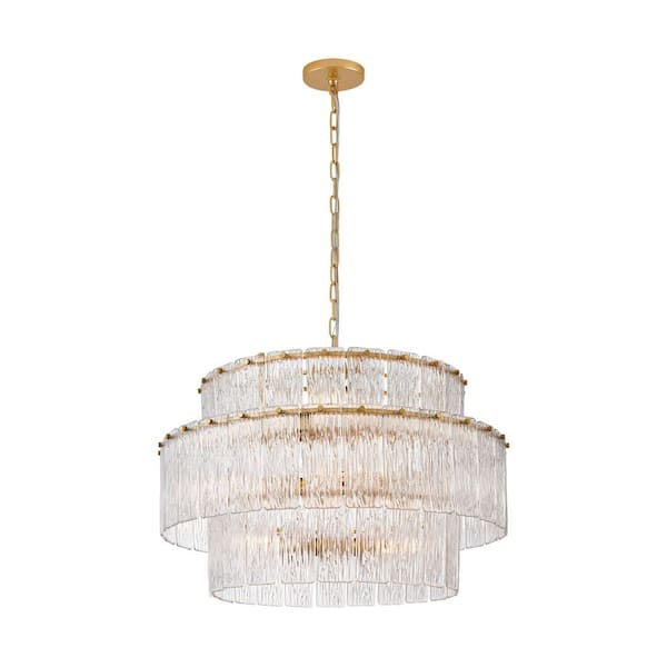 27.5 in. 10-Light Painted Gold Modern 3-Tier Hardwired Chandelier with Textured Glass Panels and Adjustable Chain