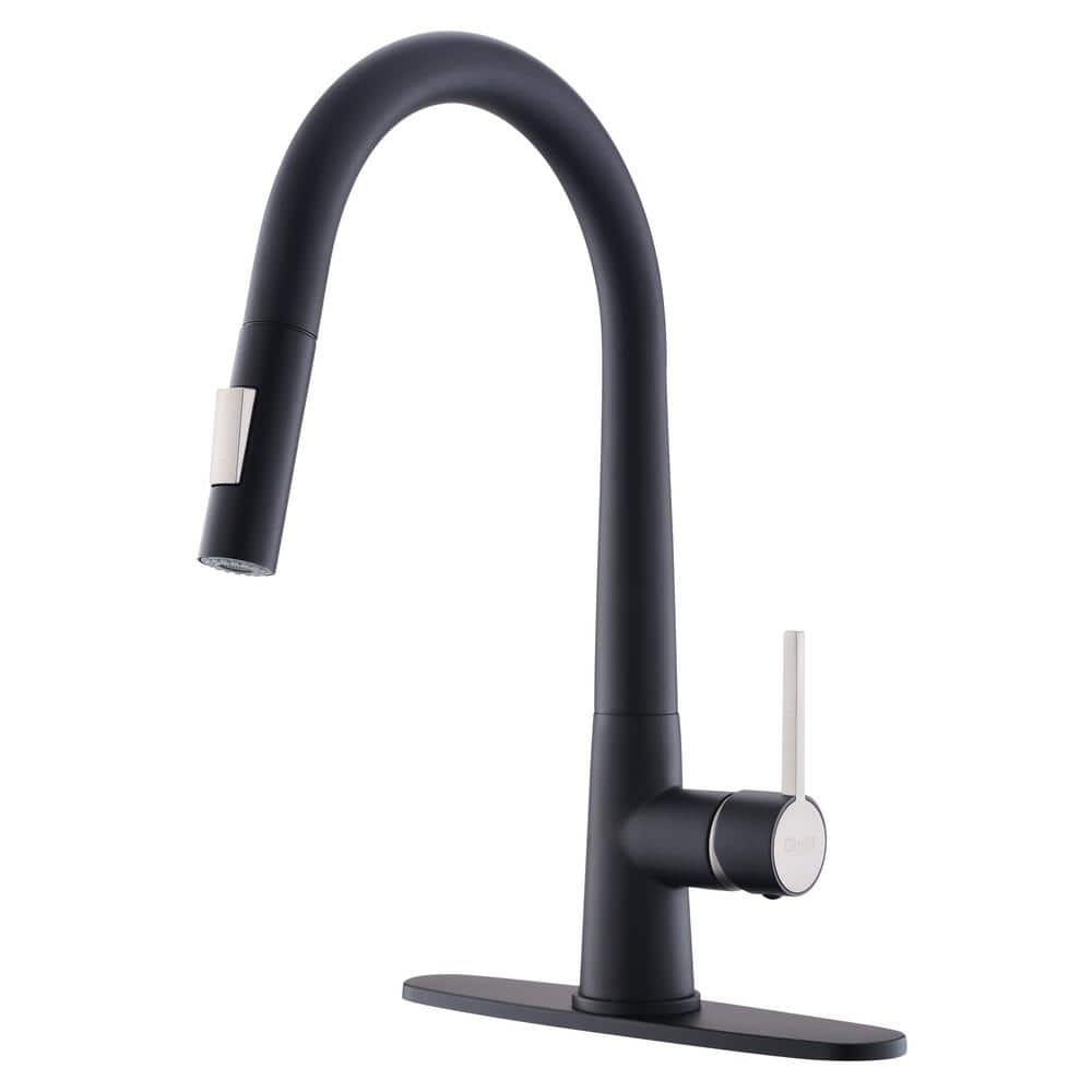 Single Handle Pull-Down Sprayer Kitchen Faucet with Deck Plate in Matte Bla