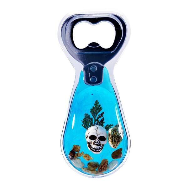 Halloween Skull Magnetic Bottle Opener in Clear Blue Resin with Fridge Magnet