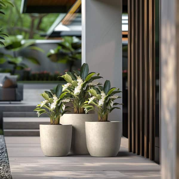13.5 in., 17 in., 20.5 in. Dia Light Gray Large Tall Round Concrete Plant Pot / Planter for Indoor and Outdoor Set of 3