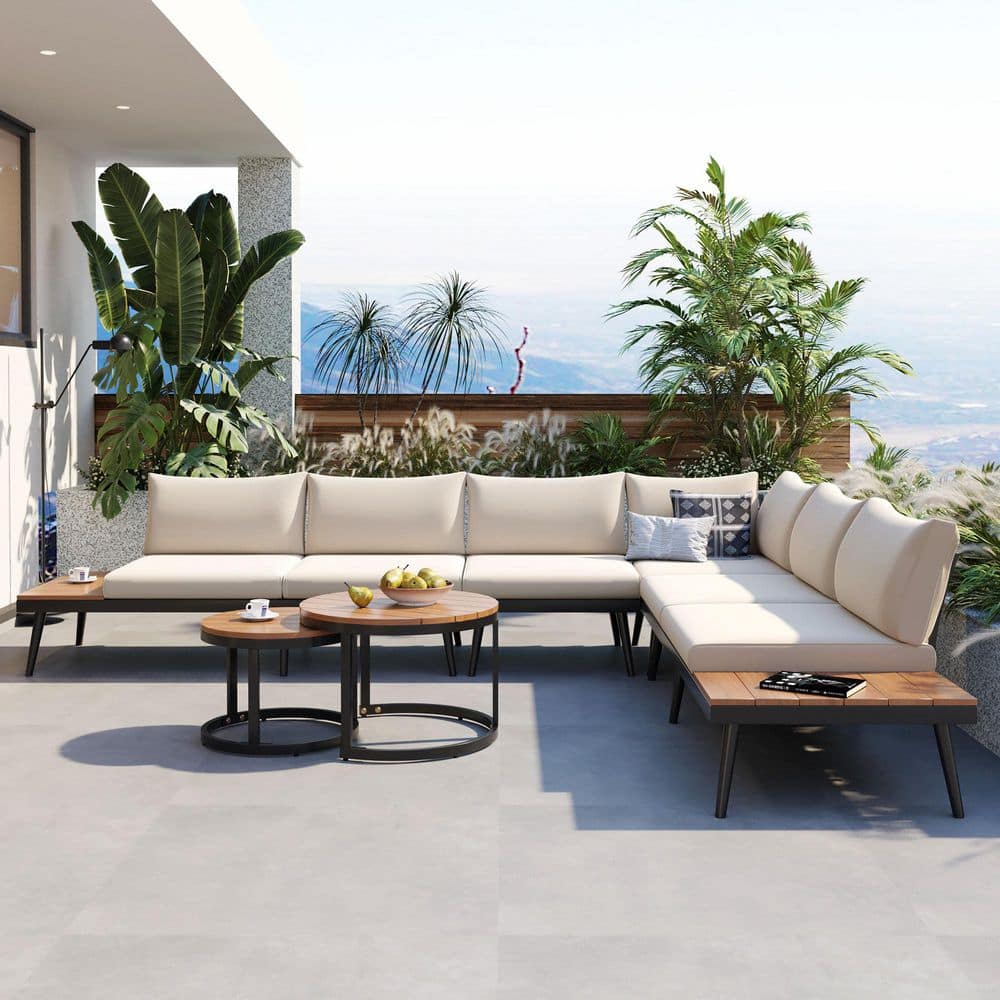 6-Piece Metal Outdoor Sectional Set with Round Nesting Coffee Tables and Cushions price history on PriceWatchPro