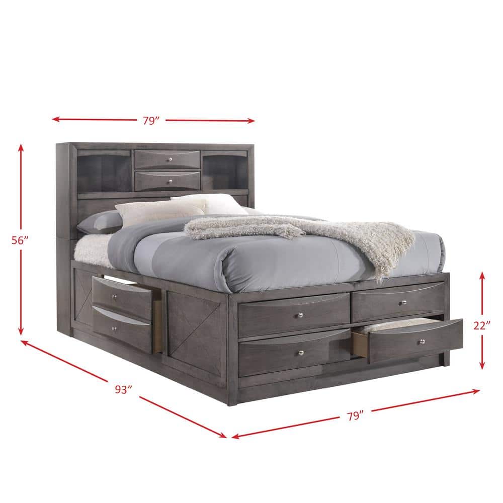 Madison Transitional Gray King Bookcase Bed with Storage Drawers