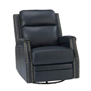 Leonhard Navy Transitional Electric Genuine Leather Rocking Recliner Nursery Chair with Nailhead Trims