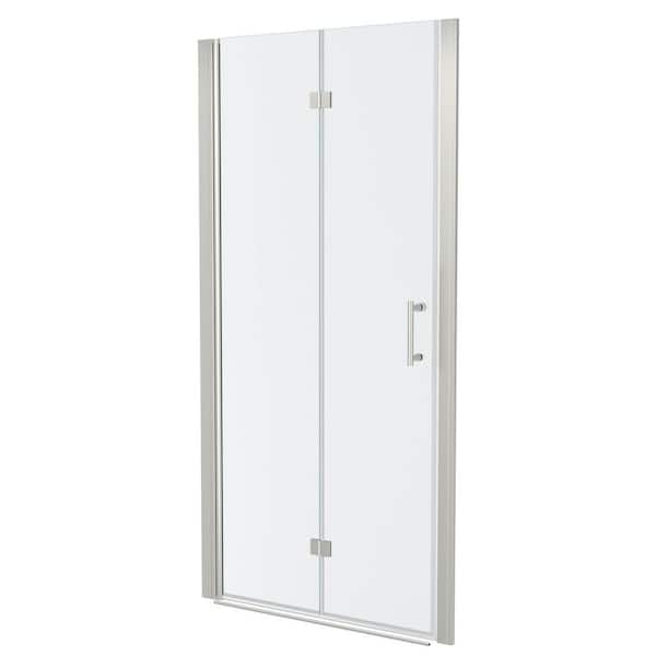 37.4 in. W x 72 in. H Frameless Bi-Fold Shower Door in Brushed Nickel with Clear Tempered Glass for Space Saving