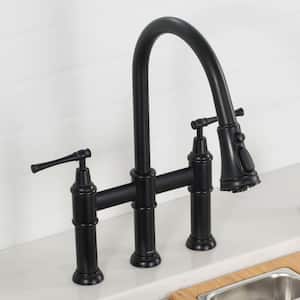 Allyn Double Handle Transitional Bridge Kitchen Faucet with Pull-Down Sprayhead in Matte Black