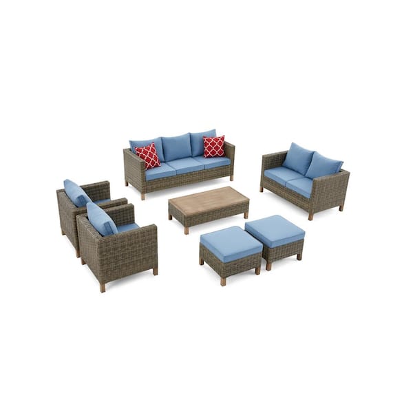7-Piece Wicker Patio Conversation Set with Blue Cushions