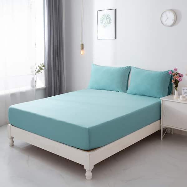 Unbranded Heathered Jersey 4-Piece Polyester Aqua Solid Full Sheet Set