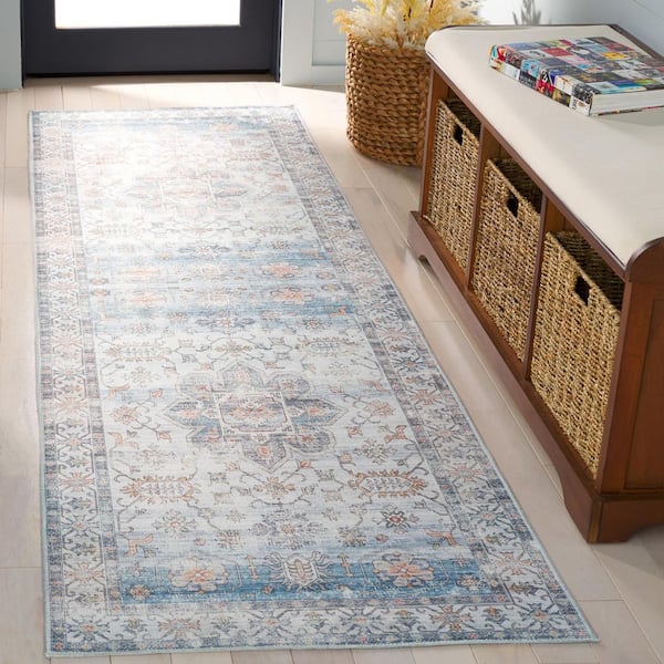 Arizona 3 ft. x 8 ft. Ivory/Light Blue Machine Washable Distressed Border Ornate Runner Rug
