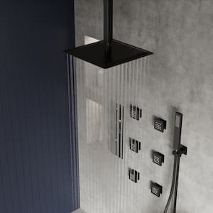 Thermostatic 5-Spray 12 in. Ceiling Mount Dual Shower Head and Handheld Shower in Matte Black (Valve Included)