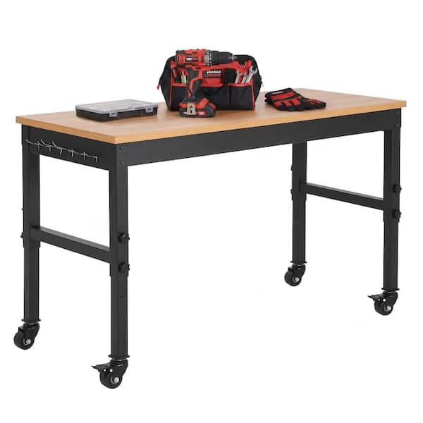 60 in. W x 24 in. D Adjustable Height Workbench Table with Solid Rubberwood Top,Built-In Power Outlets, Wheels