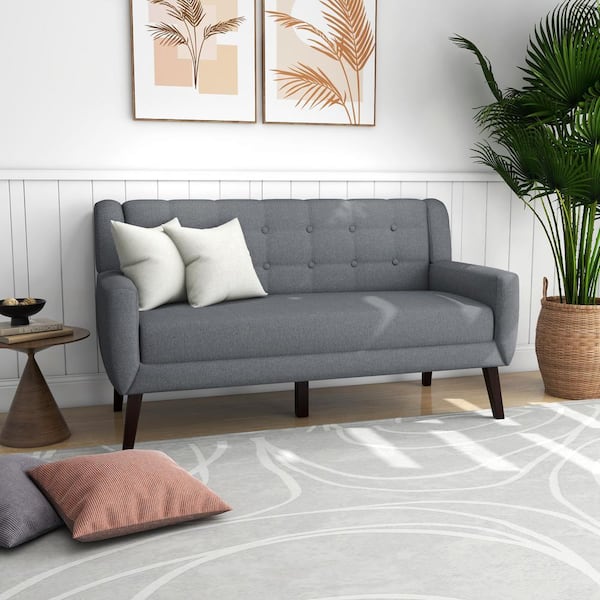 Uixe 62.99 in. W Modern Gray Straight Arm Linen Upholstered Button 2-Seater Loveseat with 2-Pillows