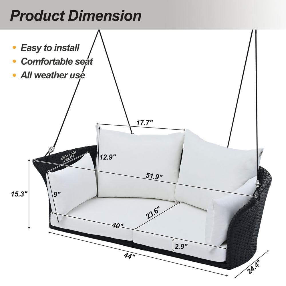 Black Wicker and White Cushion 2-Person Porch Swing