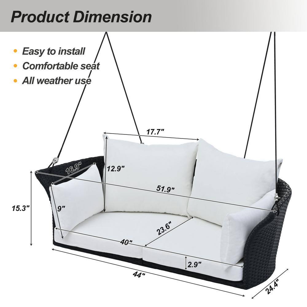 Black Wicker and White Cushion 2-Person Porch Swing