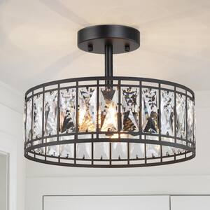 12.5 in. 2-Light Industrial Modern Black Drum Semi Flush Mount Light with Crystal Glass Shade