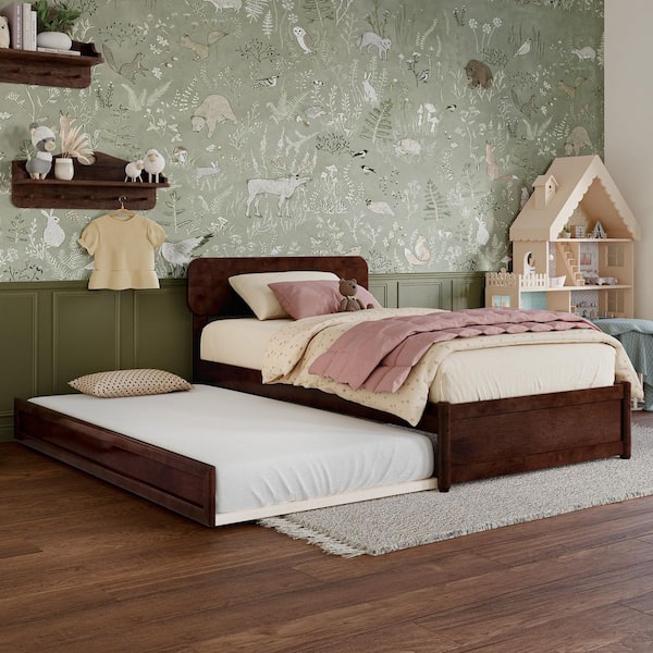 Capri Walnut Brown Solid Wood Frame Twin Platform Bed with Panel Footboard and Twin Trundle