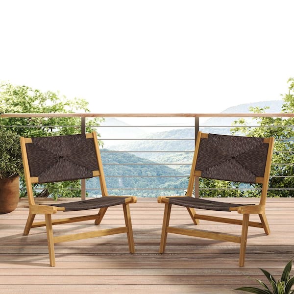 Angelo PE Wicker and Solid Wood Outdoor Patio Lounge Chair, Teak + Dark Brown, Set of 2