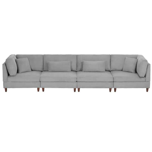 149.5 in. Straight Arm 4-piece Corduroy Upholstered 4-Seater Sectional Sofa in. Light Gray