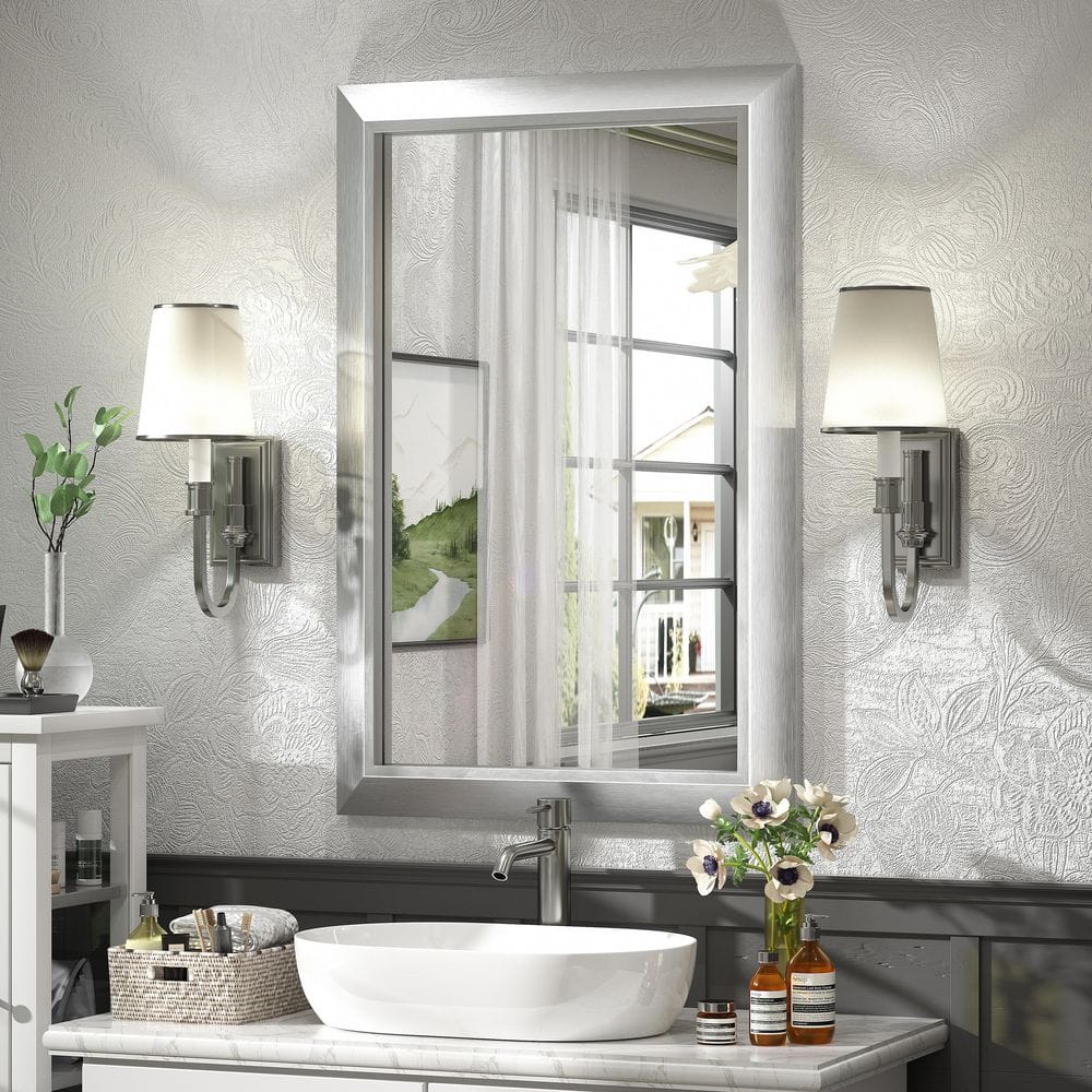 24 in. W x 36 in. H Rectangular Aluminum Alloy Framed and Tempered Glass Wall Bathroom Vanity Mirror in Brushed Silver price history on PriceWatchPro