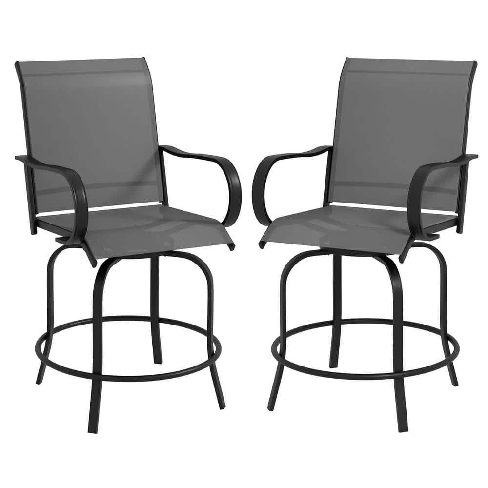 Gray Steel Metal Outdoor Bar Stool with Armrests, Swivel Bar Height Chairs 