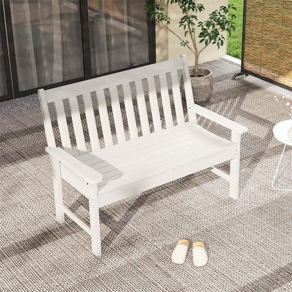 White Plastic Outdoor Bench All-Weather 2-Person Outdoor Bench for Front Porch Garden Backyard